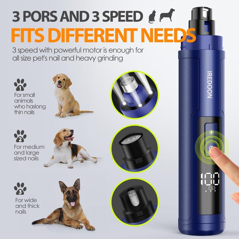 IREDOON Dog Nail Grinder Upgraded - Professional 3-Speed Super Quiet and Low Vibration Electric Pet Nail Grinder with 4 LED Lights - Painless Paws Grooming & Smoothing for Small to Large Dogs (Blue) - Image 3